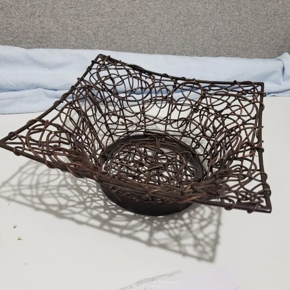 Brown Square Woven Bentwood Vine Branch Basket Over Metal Frame 11